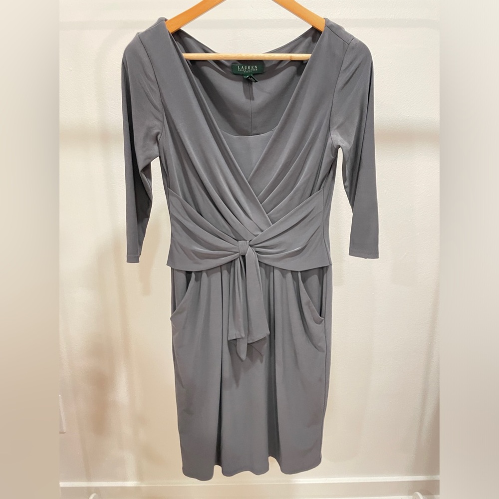 Ralph Lauren Gray Faux Wrap Dress Drape Stretch Jersey Pockets 3/4 Sleeve Size 4